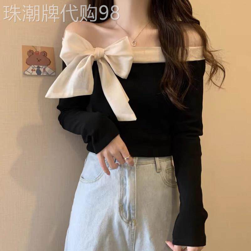 大码遮肚子蝴蝶结长袖打底衫女春秋欧货胖MM一字肩显瘦藏肉上衣