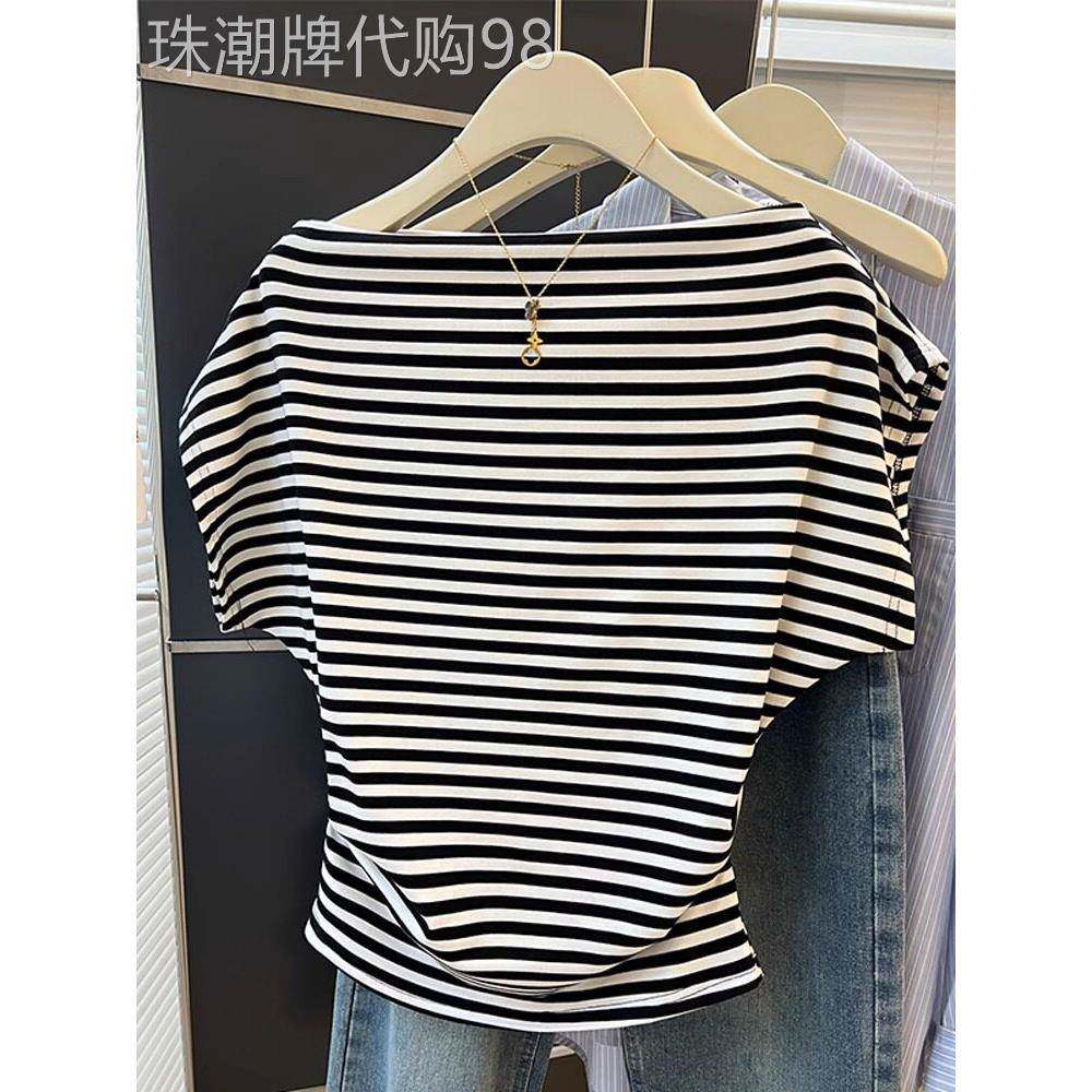 一字领条纹短袖t恤女夏季2025新款设计感小众小飞袖收腰短款上衣