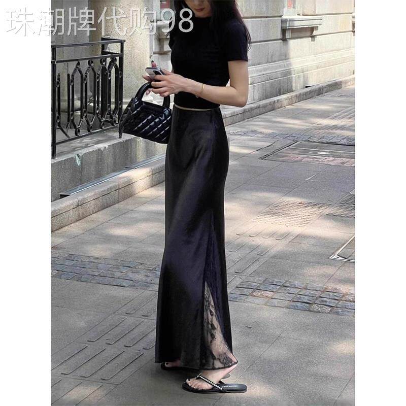 黑色蕾丝拼接半身裙子女2026夏季新款今年流行爆款缎面后妈包臀裙