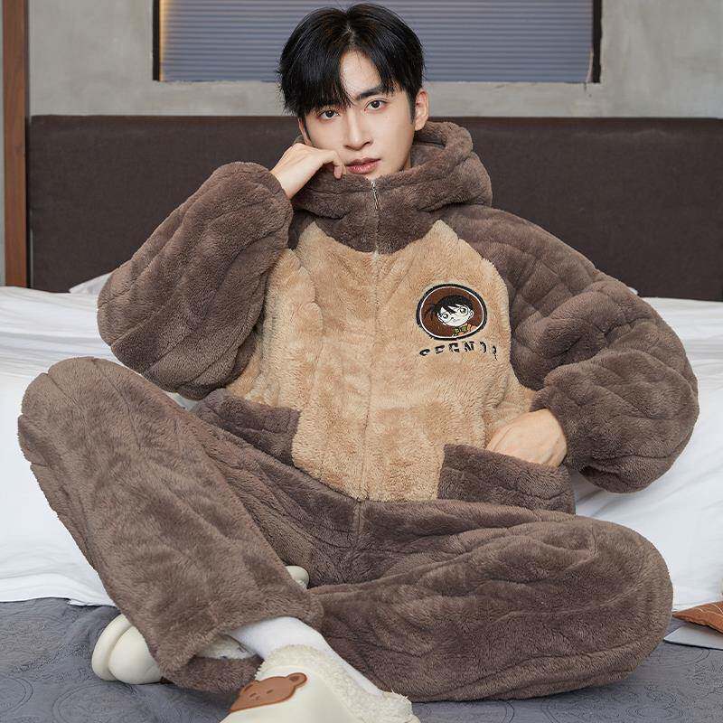 潮牌三层夹棉睡衣套装男款冬季2025新款珊瑚绒加绒加厚休闲两件套