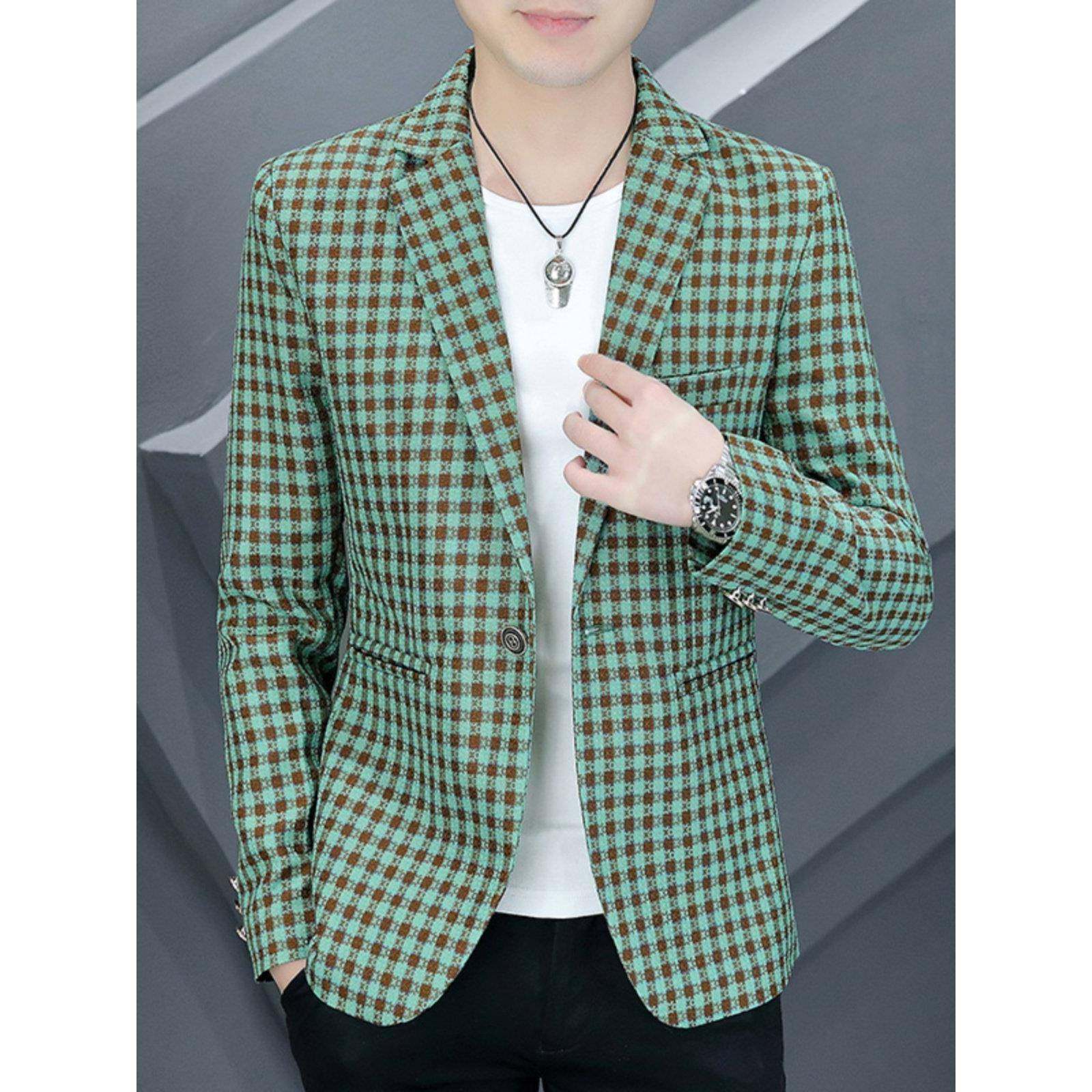 高级感格子西服外套男春秋季新款帅气男装潮流韩版修身休闲小西装