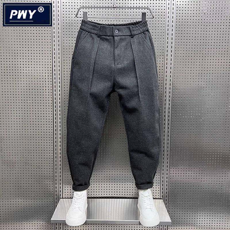 潮牌坠感毛呢阔腿裤男秋冬宽松痞帅哈伦呢子西裤配马丁靴萝卜裤子