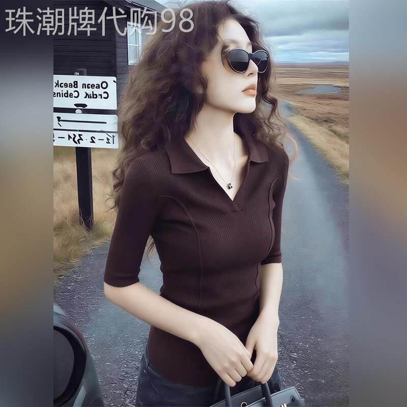 潮牌时尚POLO领高级感中袖套头女夏季新款薄款修身气质上衣针织衫