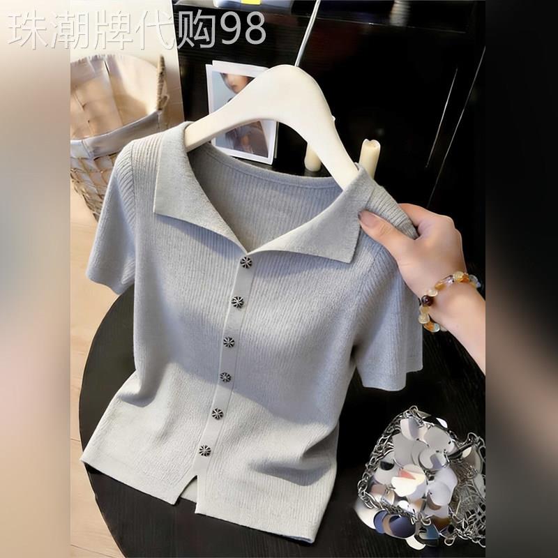 潮牌时尚休闲翻领套头针织衫短袖上衣女款2026年夏季新款百搭修身