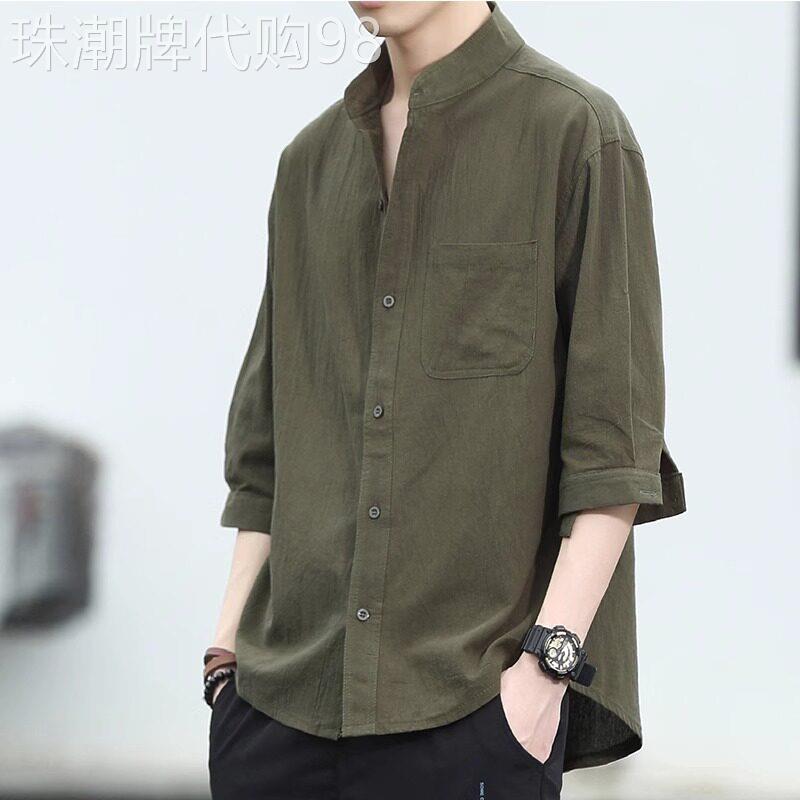 亚麻衬衫男潮牌夏季薄款日系复古宽松七分袖衬衣男士棉麻休闲上衣