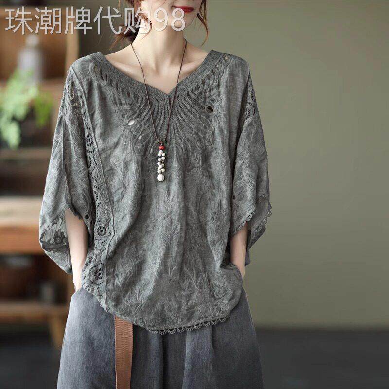 蝙蝠袖纯棉T恤女夏季薄款2026新款设计感镂空勾花宽松七分袖上衣