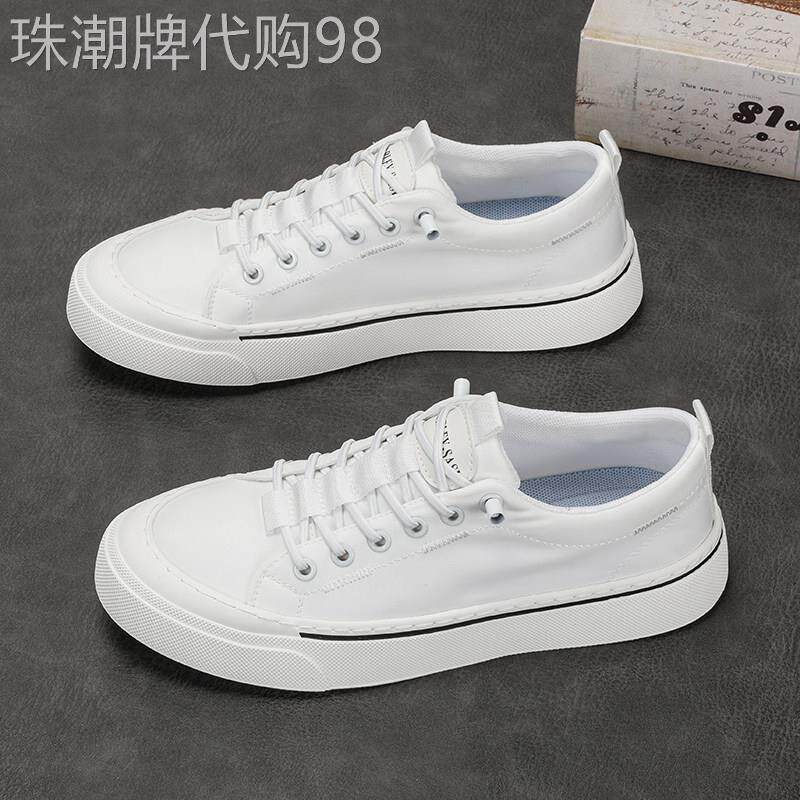正品同款潮牌时尚小白鞋男一脚蹬简约百搭透气软底轻便厚底帆布鞋