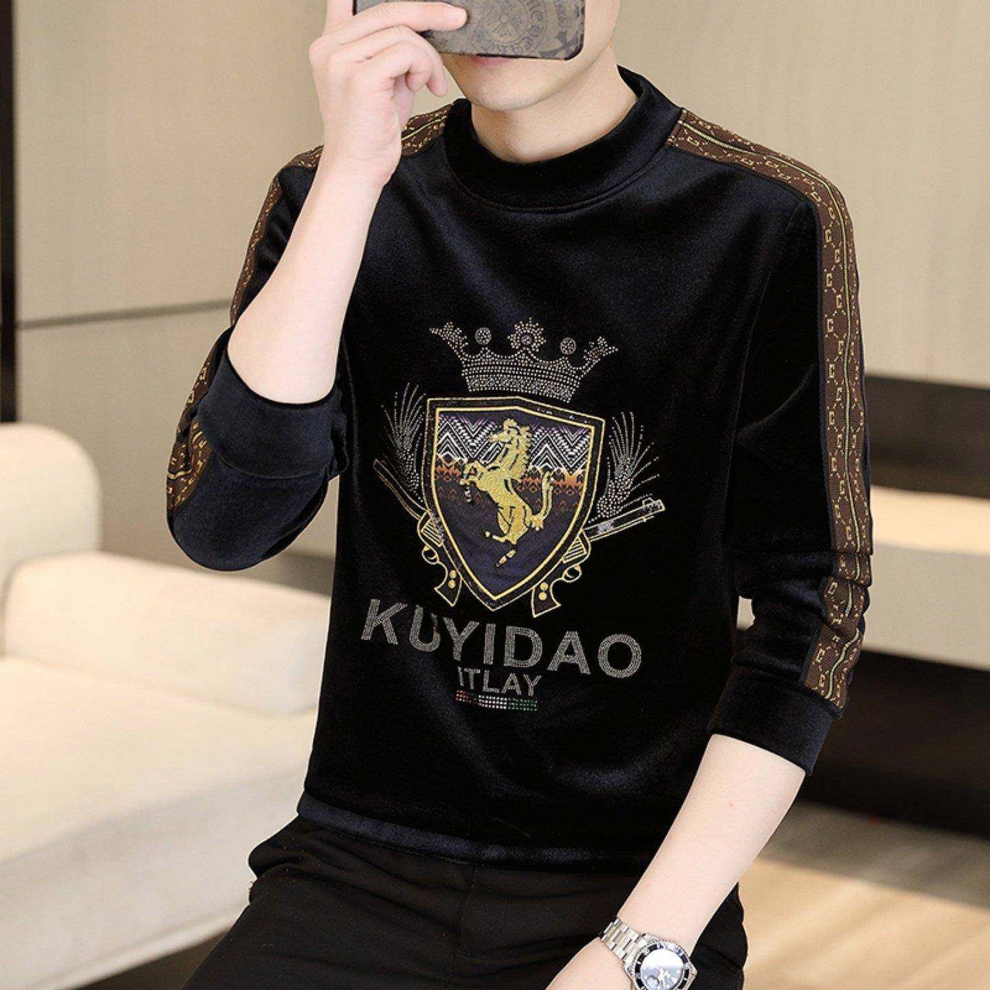 双面德绒打底衫男冬季加绒加厚金丝绒印花内搭男士圆领长袖t恤潮