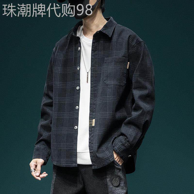 格子长袖衬衫男潮牌春秋季新款痞帅宽松大码工装夹克休闲衬衣外套