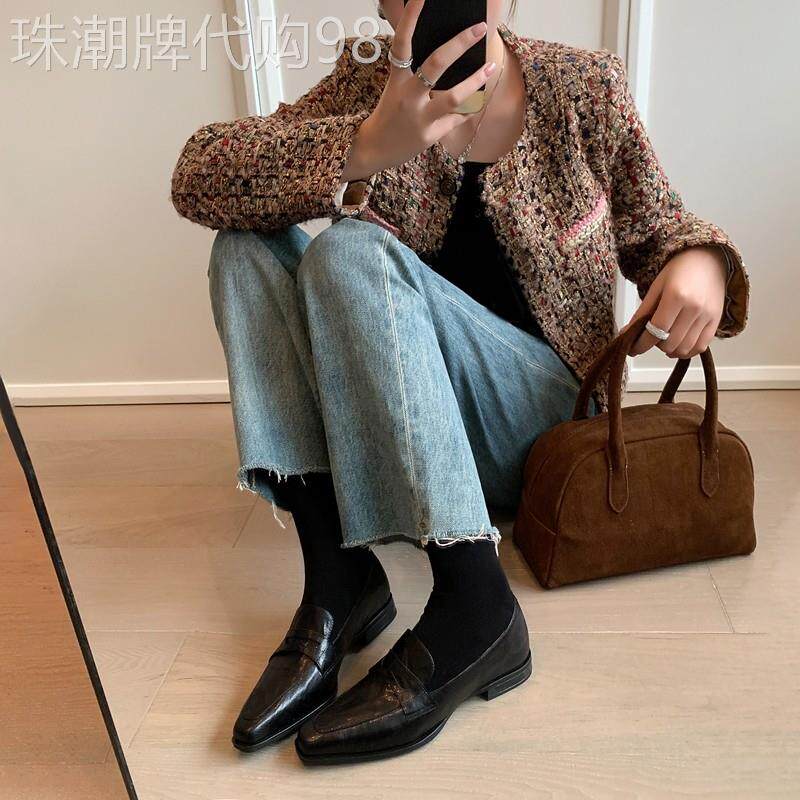 中古世纪~复古英伦风小方头平底乐福鞋女通勤百搭小皮鞋深口单鞋