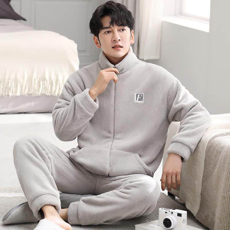 潮牌高端保暖睡衣套装男款冬季珊瑚绒加绒加厚法兰绒可外穿家居服