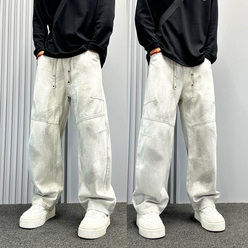 高端设计感立体拼接水洗牛仔裤男2025秋冬款直筒裤美式阔腿弯刀裤