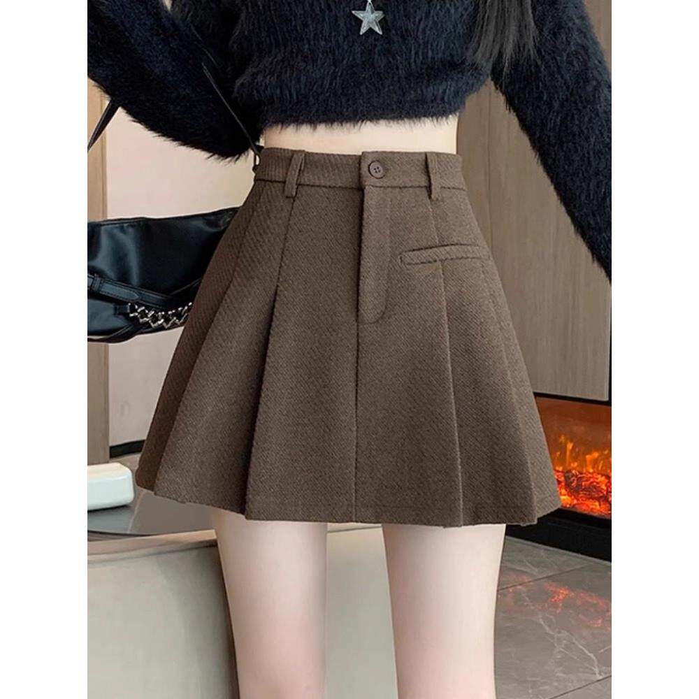 咖色加厚毛呢半身裙女2025新款秋冬季高腰a字显瘦好看百褶短裙子
