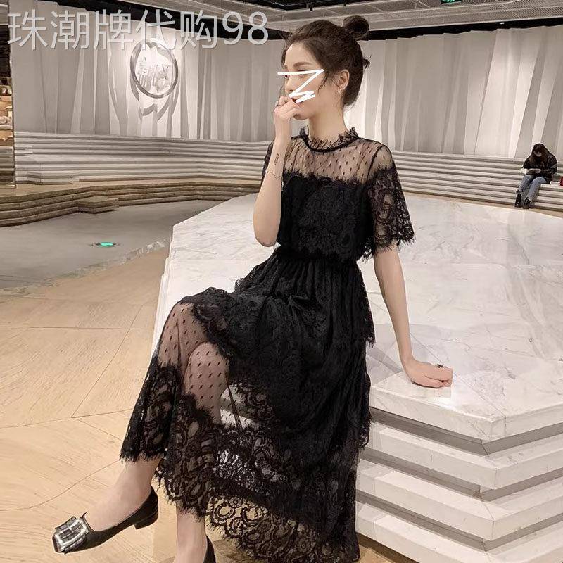 网纱拼接收腰蕾丝短袖洋装女夏季2026欧货新款中长版温柔仙女裙