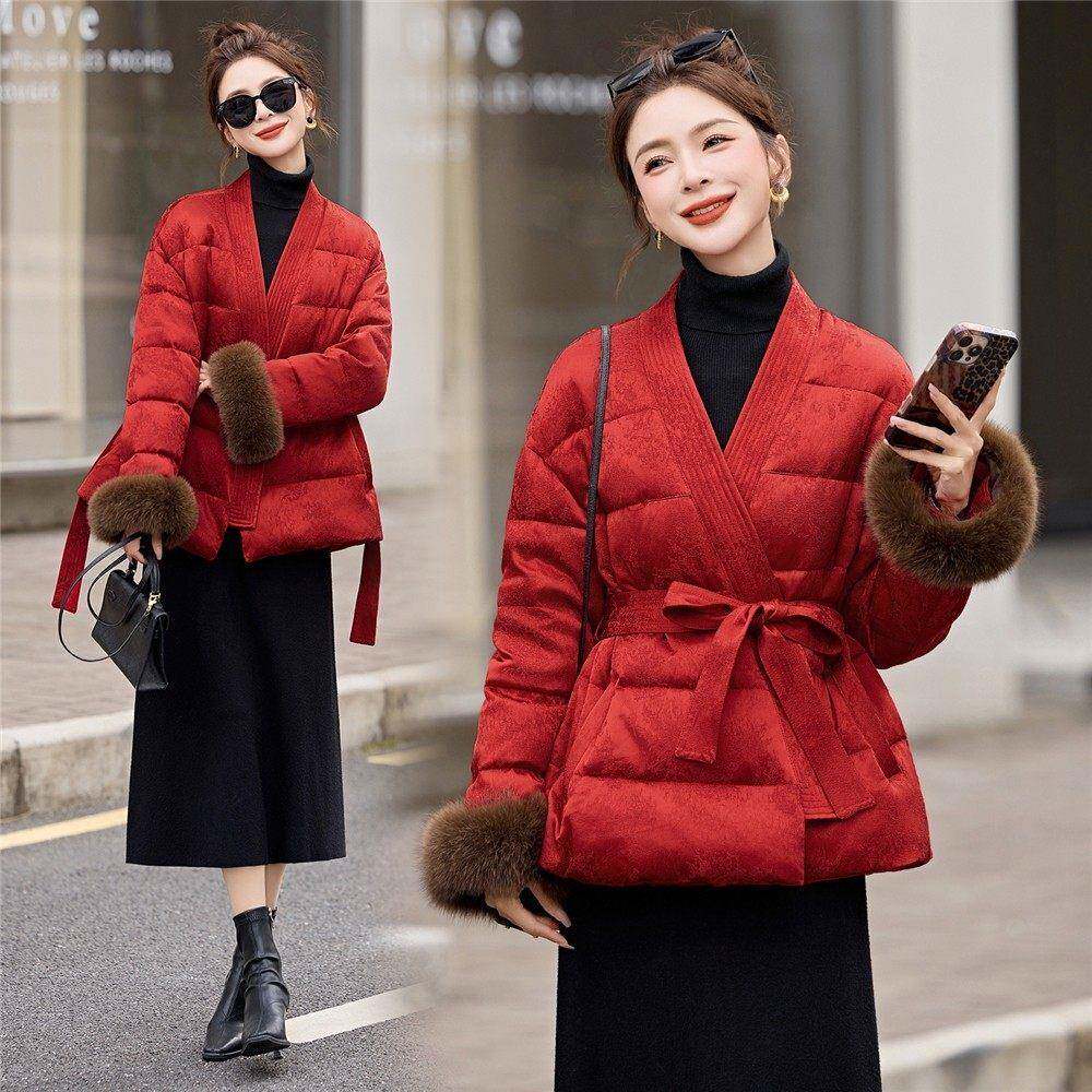2026冬季新款新中式国风红色羽绒服女短款收腰气质V领高级感外套