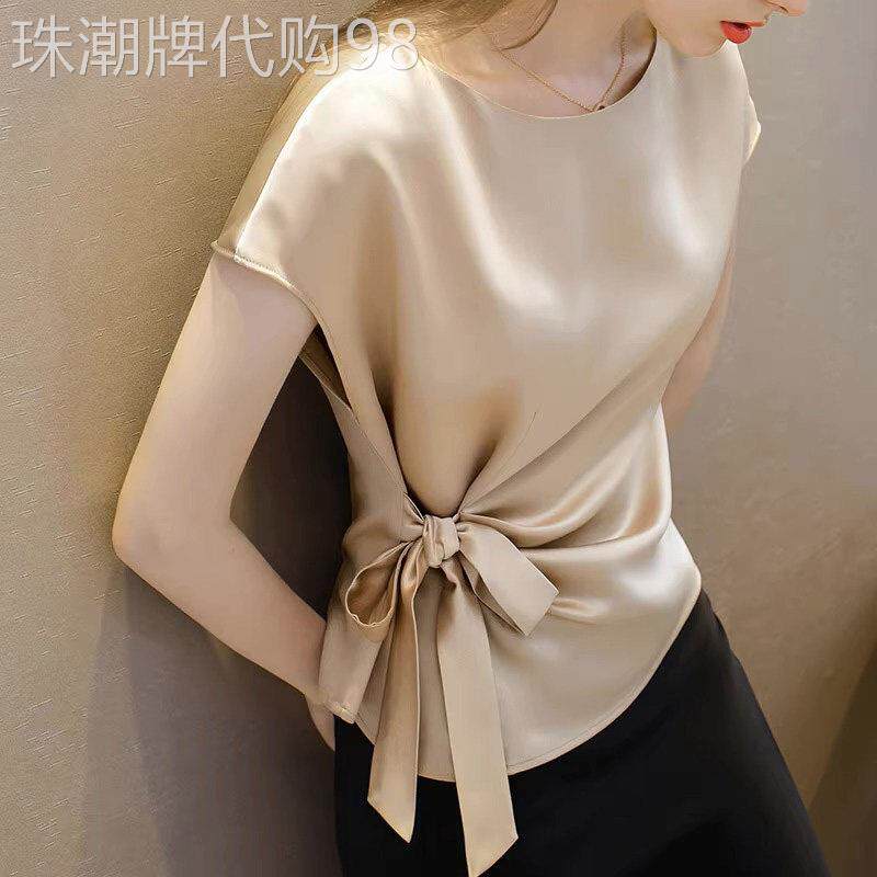 醋酸缎面短袖t恤女夏季2026新款设计感蝴蝶结修身薄款一字领上衣