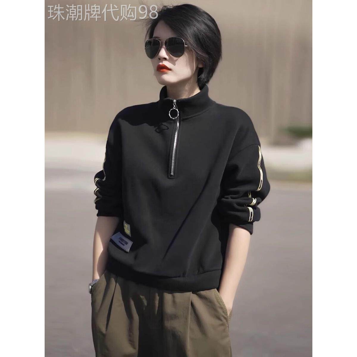 香港TIMO立领卫衣女短款上衣2025春秋宽松简约韩版半拉炼休闲外套