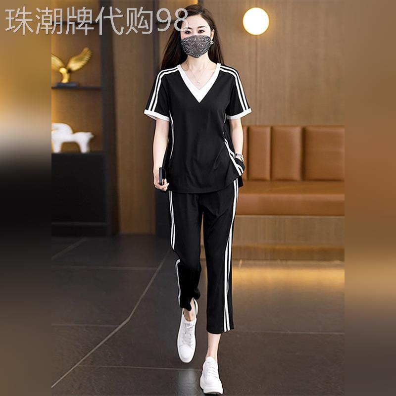 潮牌胖MM时尚休闲运动套装女士夏季新款宽松显瘦短袖七分裤两件套