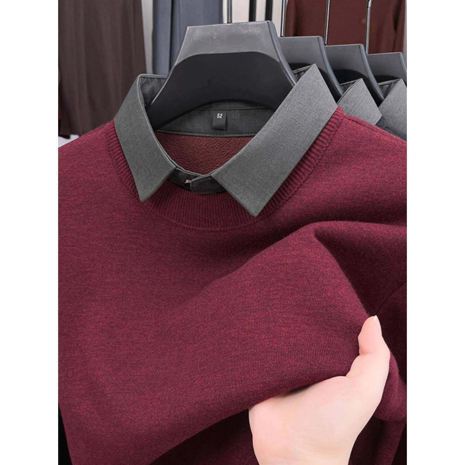 本命年红色毛衣男爸爸装假两件衬衫领设计秋冬季加绒羊毛保暖上衣