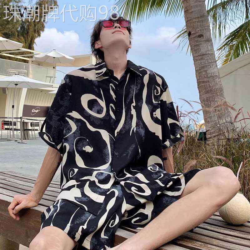 冰丝休闲 套装男夏季薄款海边度假穿搭痞帅宽松衬衫短裤男装两件