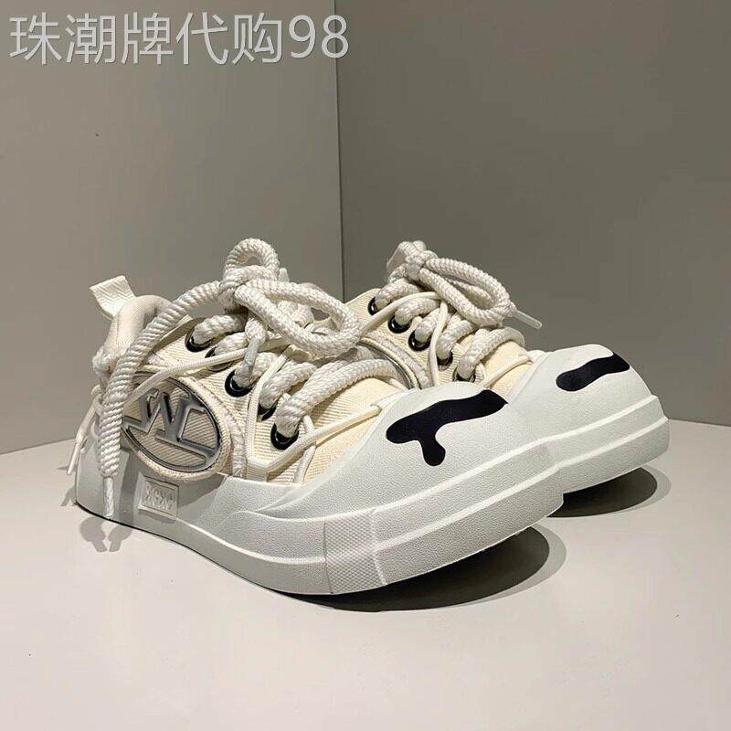 【高品质】张紫宁同款丑萌大头开口笑帆布鞋男女白色厚底增高板鞋