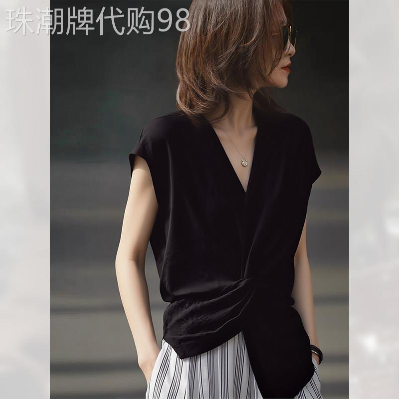 百搭不规则黑色v领衬衫女夏季2026年新款独特漂亮短袖小个子衬衣