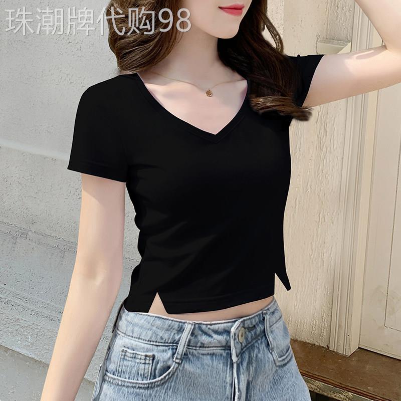 V领T恤女短袖2025新款夏季小个子开 叉设计修身显瘦短款露脐上衣