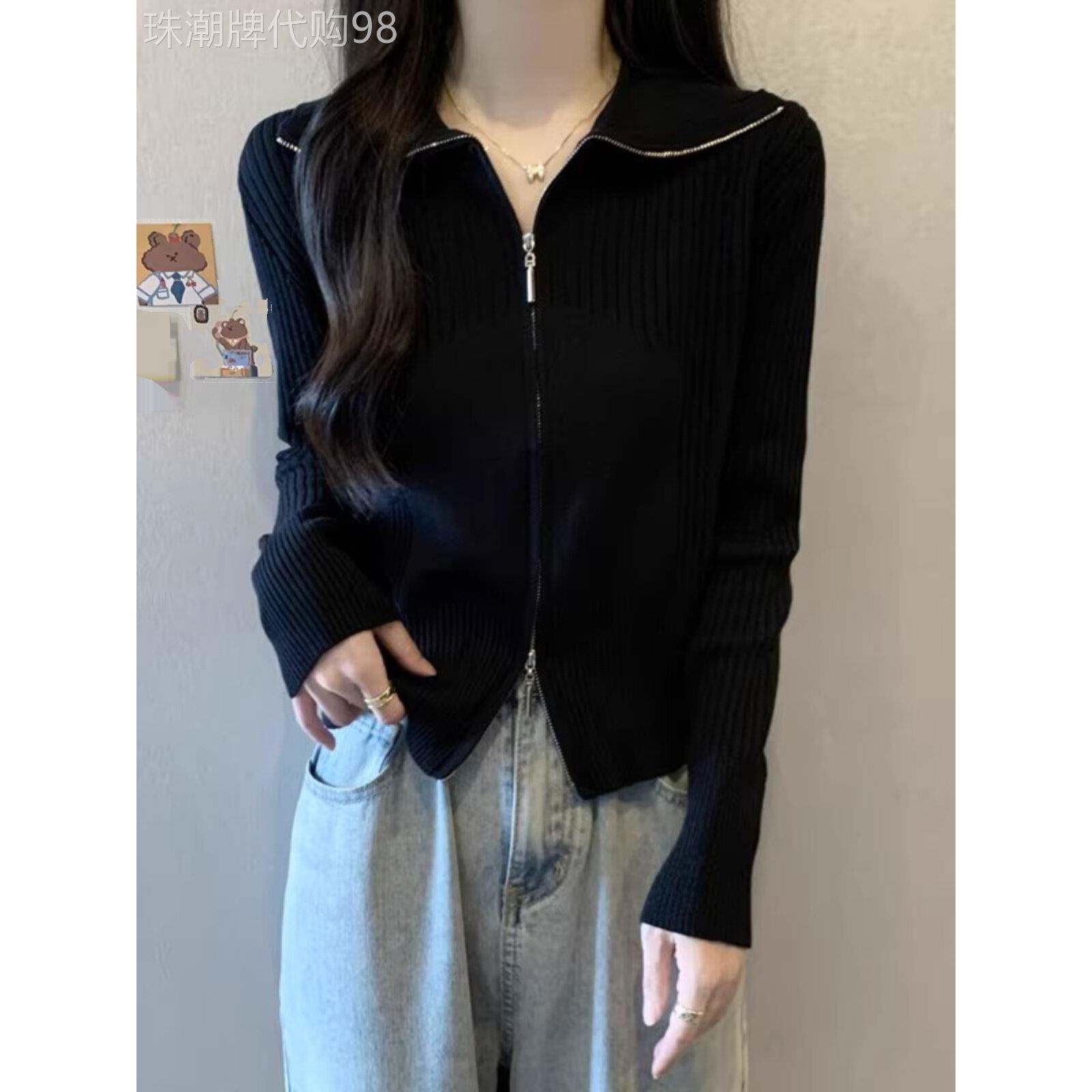 大码显瘦双拉炼针织开衫毛衣外套女春秋2025高级感黑色打底衫上衣