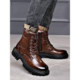 头层牛皮马丁靴男士羊毛一体高帮皮靴男真皮保暖英伦风拉炼男靴子