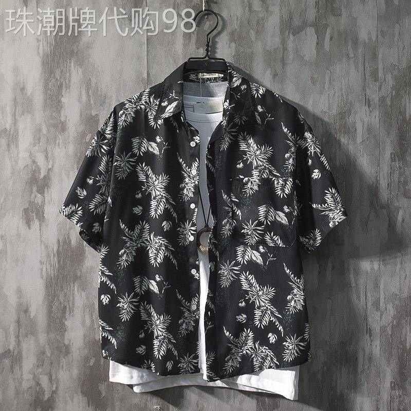 印花衬衫男潮牌夏季薄款港风复古潮流宽松短袖外套男休闲日系衬衣
