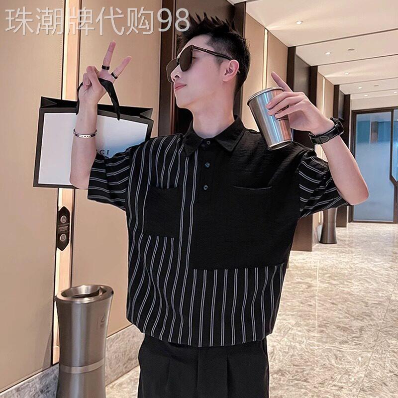 凉感冰丝条纹五分袖衬衫男夏季新款休闲宽松薄款透气百搭短袖衬衣