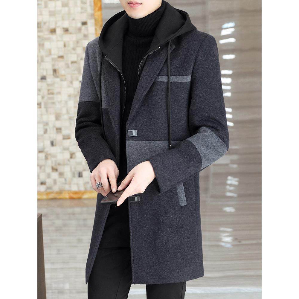 羊毛大衣男中长款2025冬季新款加绒加厚连帽风衣男士羊绒呢子外套