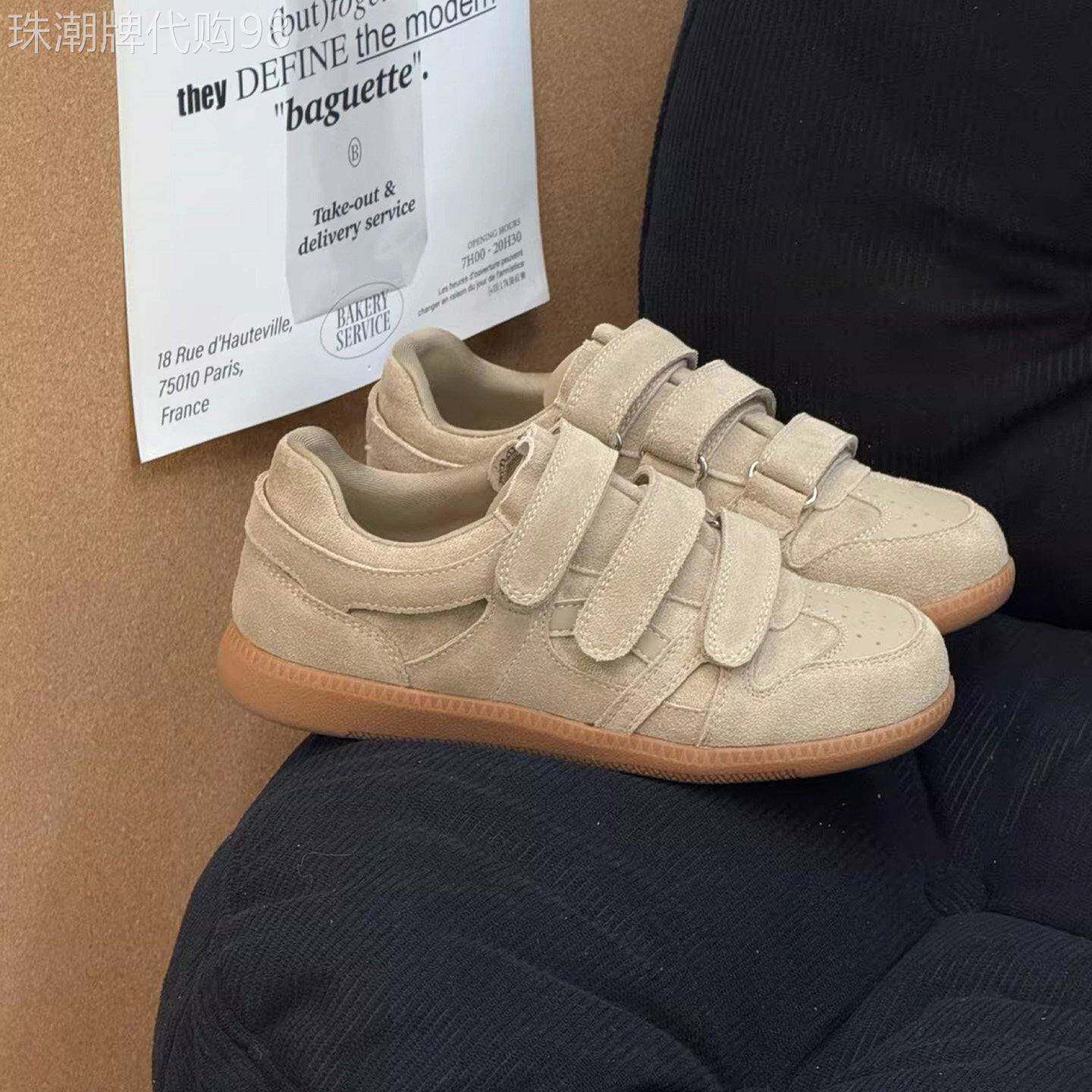 港风美式复古风真皮高级感板鞋女2026春季新款内增高魔术贴德训鞋