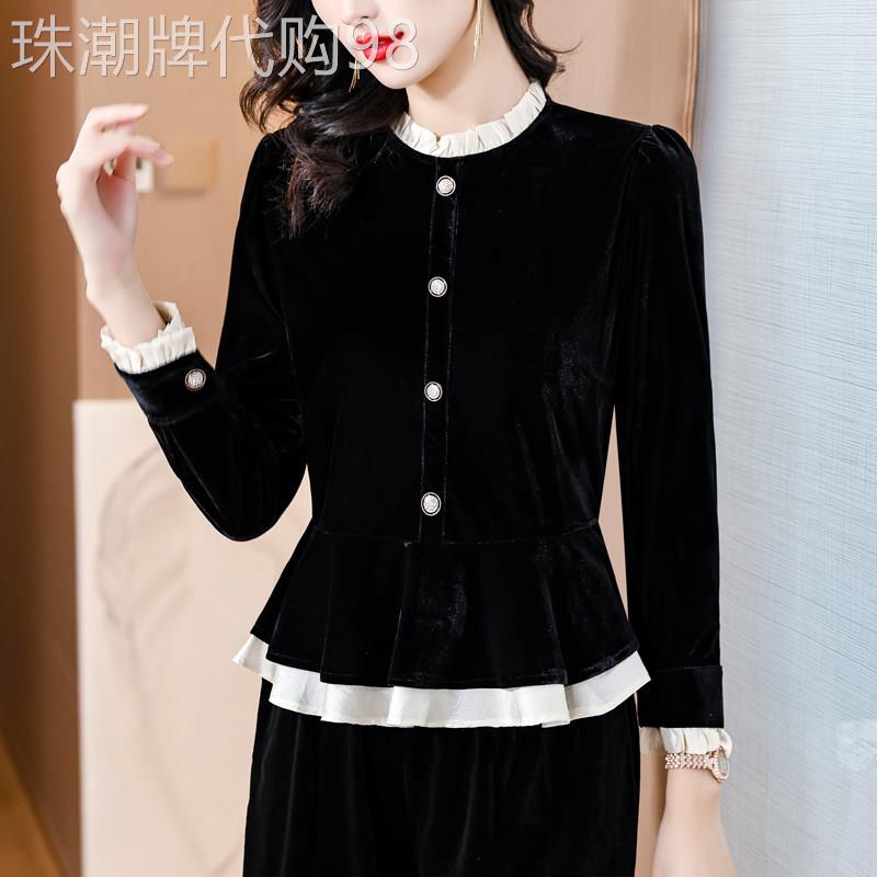 法式立领金丝绒上衣女春秋2025年新款时尚洋气黑色内搭遮肚打底衫