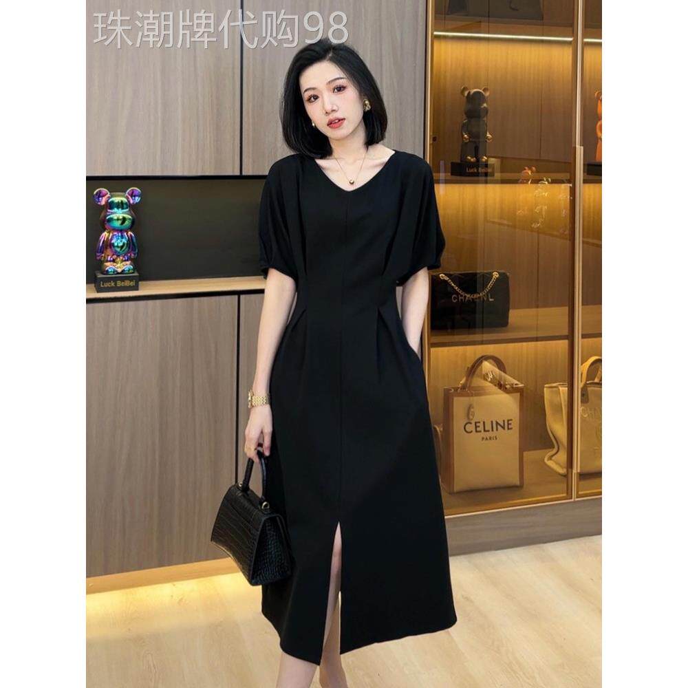 休闲女式短袖连衣裙2025夏季新款高端纯色斜肩开衩百搭女式中长裙