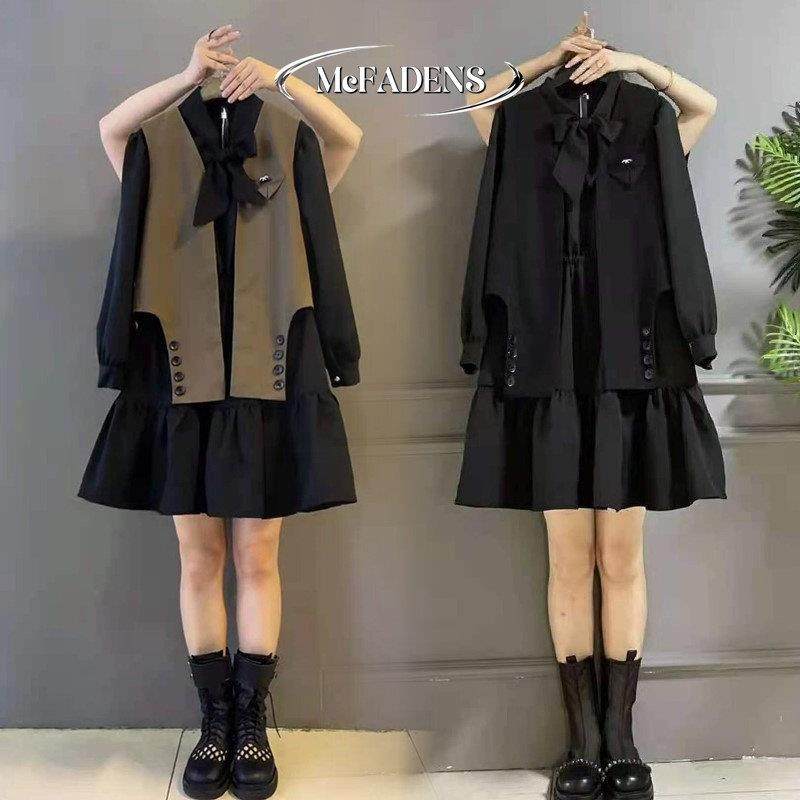 香港胖妹妹新款大码女装小个子遮肚显瘦西装马甲连衣裙时髦两件套