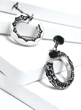 Musa Singing男士日系复古浮雕百合十字架925纯银螺旋式耳环耳夹