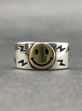 Musa Singing手工黄铜笑脸925纯银复古闪电开口简约戒指男款指环