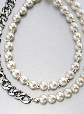 Musa Singing男款复古日系珍珠马鞭链钢拼接潮人休闲时尚项链素链