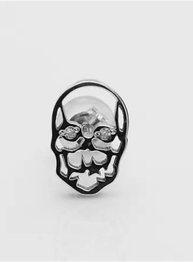 Musa Singing男款镶锆石趣味镂空平面骷髅头造型925纯银日系耳钉
