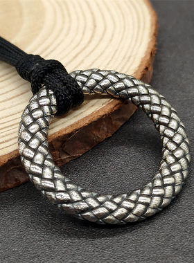 Musa Singing男士做旧925银复古日系编织状细纹圆环吊坠麻绳项链