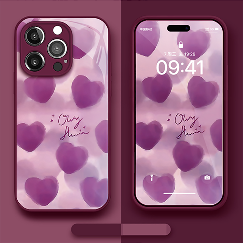 玻璃满屏粉爱心手机壳