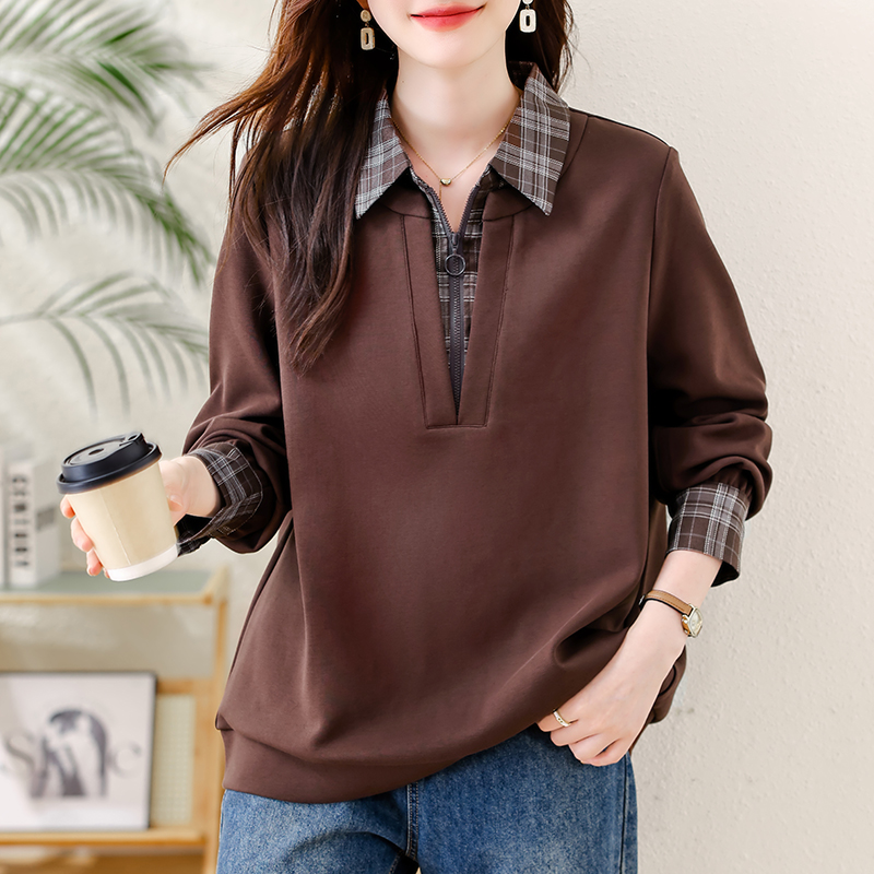 实拍大码女装气质翻领假两件卫衣秋装新时尚拼接宽松显瘦长袖上衣