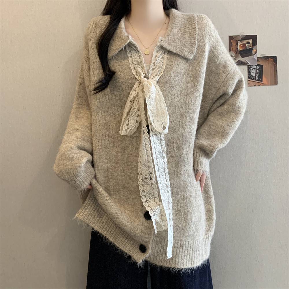 实拍大码女装冬季新款蝴蝶结厚款长袖毛衣女胖mm娃娃领毛衣外套潮