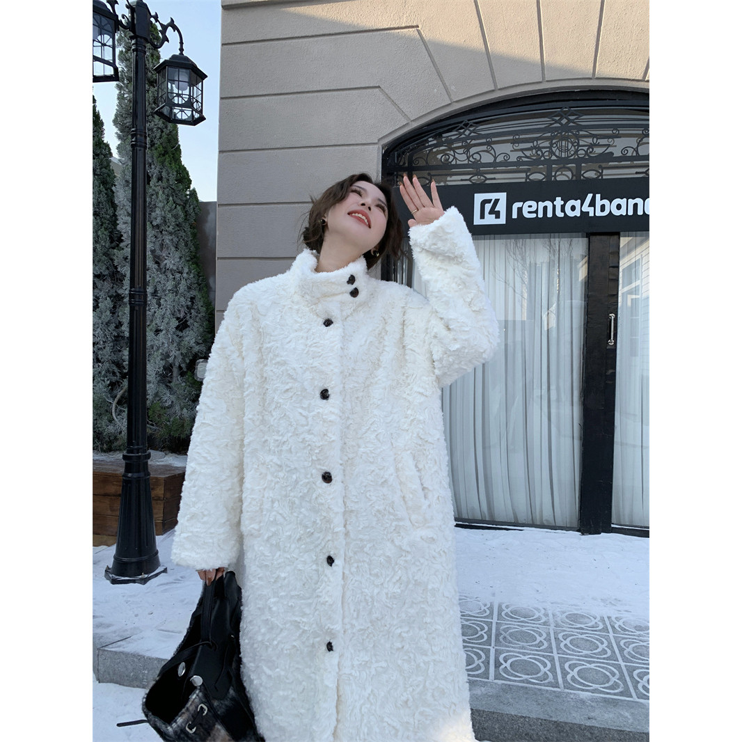 羊羔毛外套女长款大衣过膝设计感财阀家族仿兔绒皮草加厚宽松立领