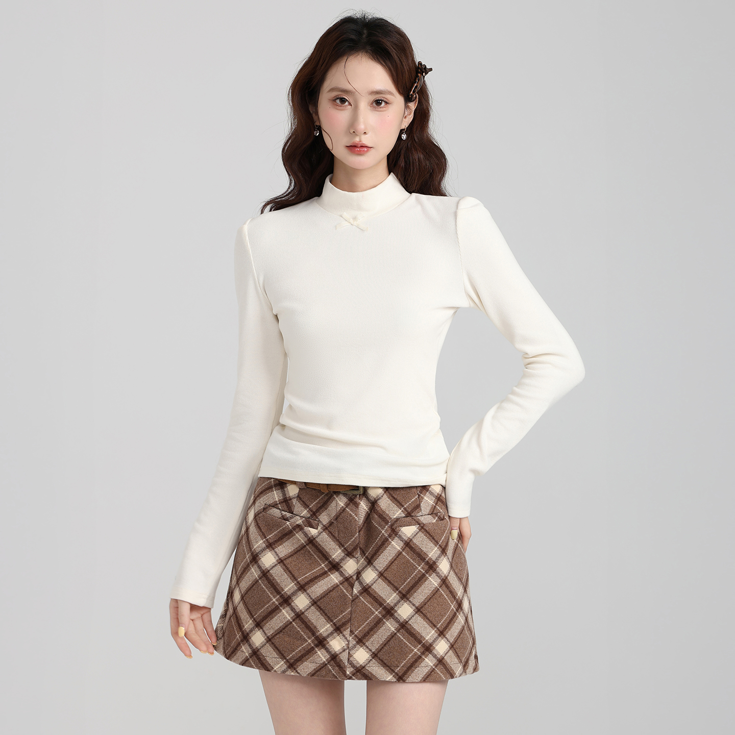 实拍实价韩系蝴蝶结高领打底衫女秋冬季内搭修身显瘦长袖T恤上衣