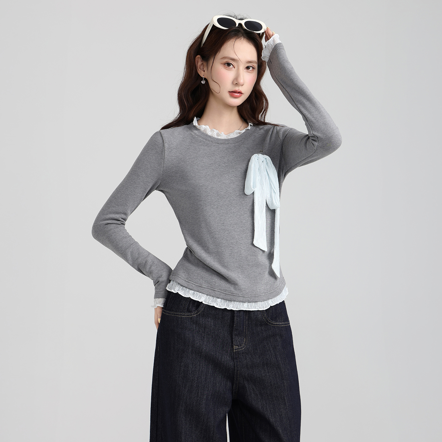 实拍实价假两件拼接蕾丝蝴蝶结绑带褶皱长袖打底衫秋冬修身上衣女