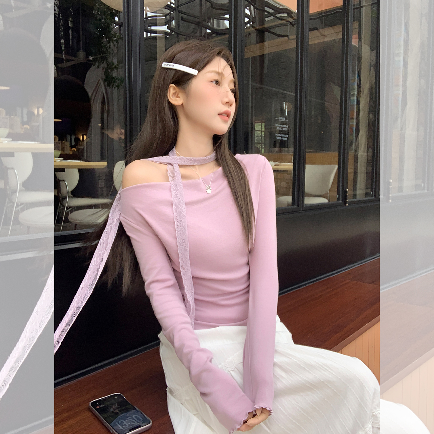 实拍实价韩系纯欲荡领蕾丝飘带长袖t恤女秋收腰显瘦内搭打底上衣