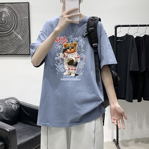 T1921P25港风室内新款半袖宽松圆领印花t恤情侣装潮牌男士夏季t恤,哥特风穿搭男夏季图片