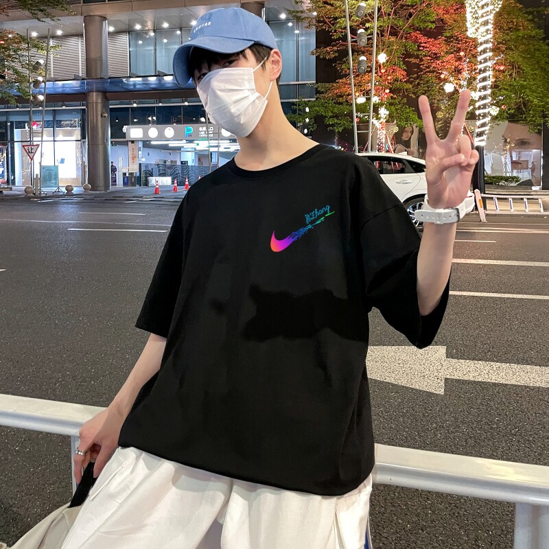 D2226P22港风室外纯棉男短袖港风对勾后背印花宽松休闲情侣装T恤,男装T恤,星座510A-6